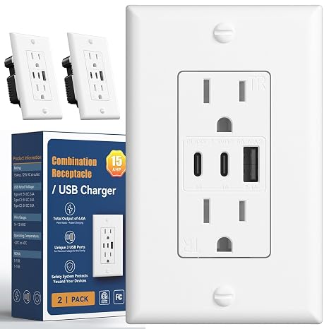 Amico 6.0A USB Outlet, 2 Pack, 15 Amp, 3-Port, 2 Type C & 1 Type A, White