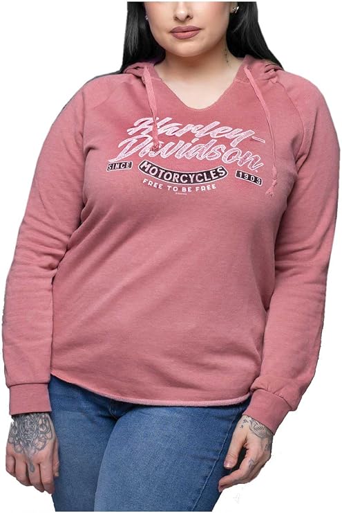 Harley-Davidson Women's Color Script Curved Hem V-Neck Pullover Hoodie - Rose