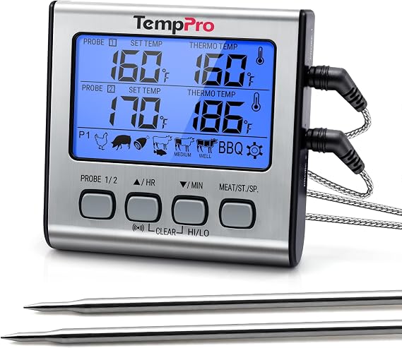 TempPro TP17 Dual Probe Digital Cooking Meat Thermometer Large LCD Backlight Food Grill Thermometer with Timer Mode for Smoker Kitchen Oven BBQ, Silver (Previously ThermoPro)