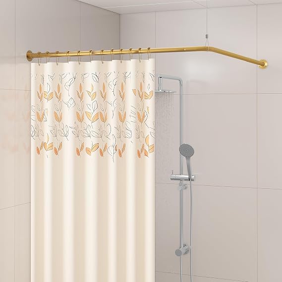 L Shaped Corner Shower Curtain Rod, 24" - 37" x 24" - 37" Adjustable 90 Degree Curved Bathroom Rod Square Rail No Sag with 12 Hooks & Ceiling Support - Gold