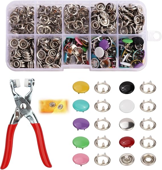 400Pcs Snap Button Fastener Kit, 5-Claw Metal Press Stud Set with Pliers