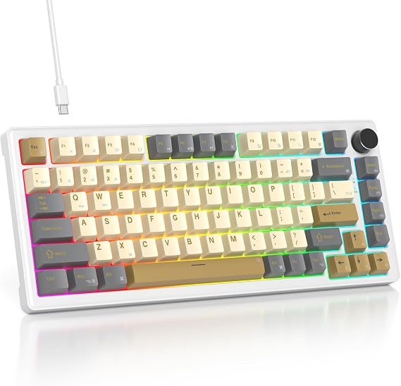 75% Retro Mechanical Keyboard Gasket with Knob, Custom Wired Creamy Gaming Keyboard TKL 75 Percent Hot Swappable RGB Backlit, Pre-lubed Switch for Win/MAC PC Laptop(Shimmer/White Switch)