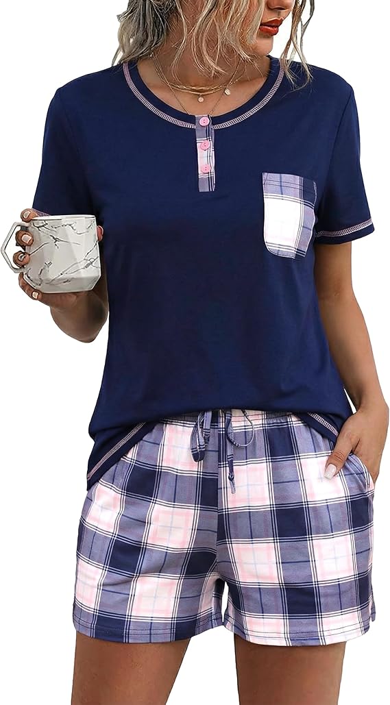 Litherday Women's Pyjamas Sets Cotton Short Sleeve Soft 2 Pieces Pjs Set Loungewear Sleepwear Nightwear Casual Summer Checked Shorts with Pocket