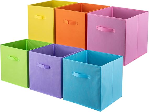 Set of 6 Foldable Cube Storage Boxes Fabric Organizer Bins with Handles for Home Office Kids Room Closet and Shelves (Multicolor, 33x33x34cm)