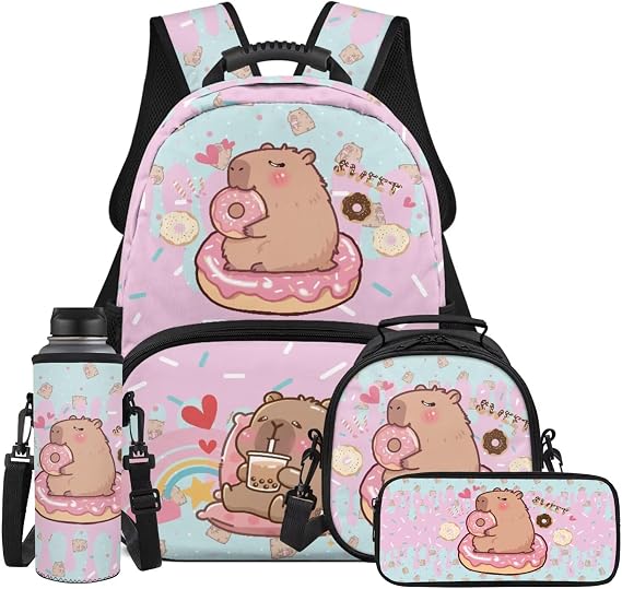 Capybara Backpack School Set 4Pcs with Lunch Bag Pen Bag Set Bottle Sleeve for Girls Boys Multifunctional Pencil Case Suitable for Elementary Middle School High