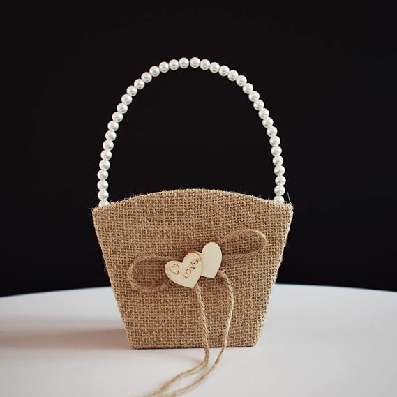 Flower Girl Basket for Wedding Love Heart Design Flower Basket Burlap | Pearl Handle, BowKnot, Heart Design, Vintage Wedding Ceremony