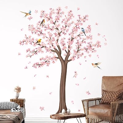 Large Cherry Tree Wall Decals, Pink Flower Blossom Tree Wall Stickers Vinyl Peel and Stick Wall Decal Self Adhesive Wall Art Sticker for Home Aisle Bedroom Office Sofa Backdrop Wall Decor H 62.6in