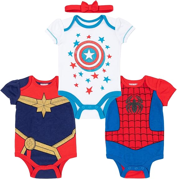 Marvel Avengers Baby Girls' 3-Pack Cosplay Bodysuits and Headband Set Newborn to Infant