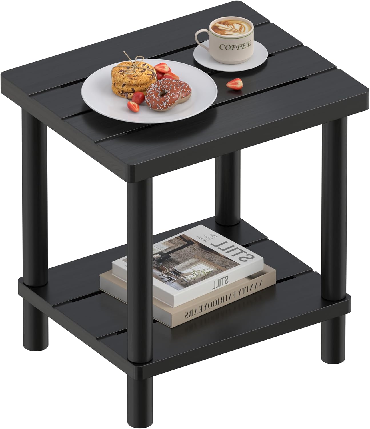 LEJANEOYE Outdoor Side Table, 2-Tier Small Outdoor Table for Patio, Adirondack Side Table for Outside or Indoor, Bamboo End Table for Pool, Porch, Weather Resistant Easy Maintenance(Black)