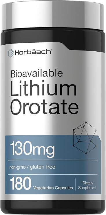Horbaach Lithium Orotate 130mg | 180 Capsules | Non-GMO, Gluten Free, Vegan | 5mg Bioavailable Elemental Lithium