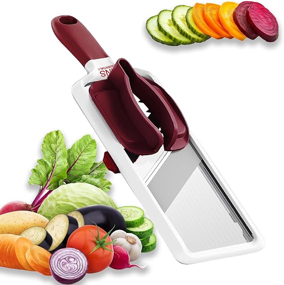Mandoline Slicer for Kitchen Adjustable Stainless Steel Blades, with Comfort Grip Vegetable Slicer for Small to Medium sized Cucumber, Onion, Potato- Maroon