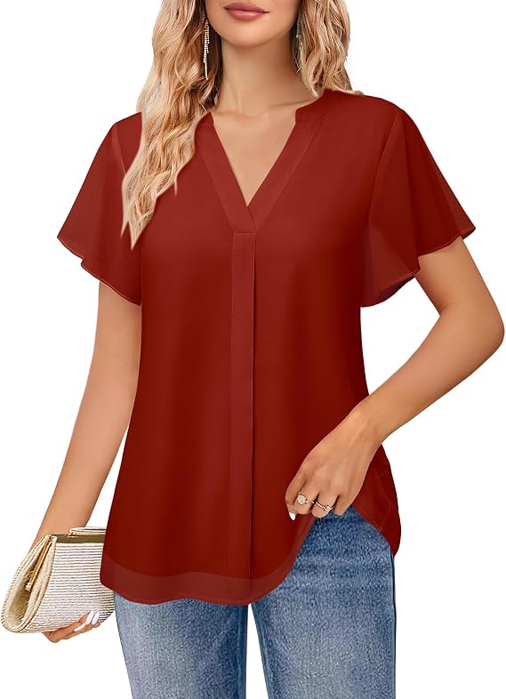 Bebonnie Womens Short Sleeve V Neck Double Layers Chiffon Blouses Dressy Casual Tunic Tops