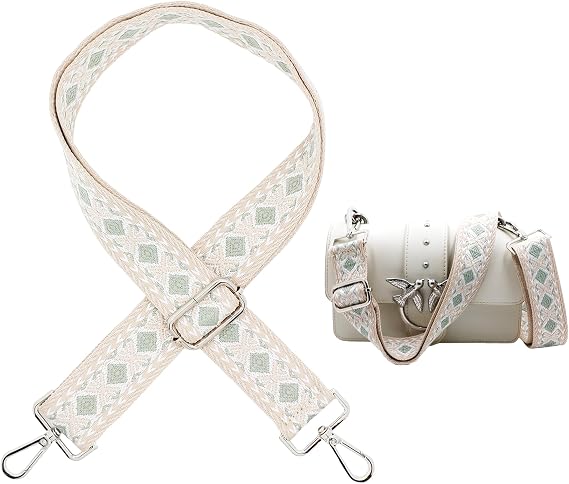 Shoulder Strap for Bags, Width 3.8 cm, Boho Bag Strap, Adjustable 78-141 cm, Shoulder Strap with Carabiner for Shoulder Bags, Crossbody Bags, Handbags (Green)