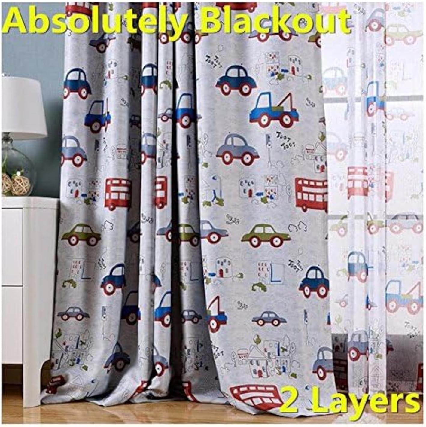 MYRU Absolutely Blackout Curtains for Kids Room,2 Layers Lined Curtains for Boys Girls Room,Set of 2 Cartoon Car, 2 x 39 x 84 Inch