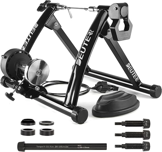 Bike Trainer, Magnetic Bicycle Stationary Stand for Indoor Exercise Riding, 26-29" & 700C Wheels, Quick Release Skewer & Front Wheel Riser Block Included