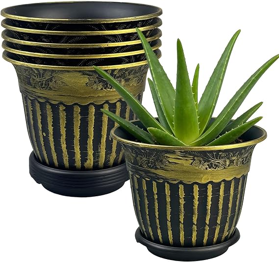 6Pcs 16.3cm/6.4-in Plastic Plant Pots Indoor Outdoor Vintage Flower Pots Classic European Style Decorative Planters with Drainage Holes and Saucers
