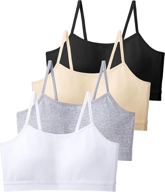 BOOPH 4Pack Cotton Training Bras for Teen Girls Sport Bra with Fixed Pads