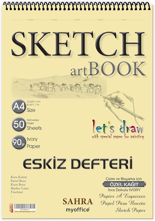 Etika SAHRA A4 Spiralli Eskiz Defteri – 50 Yaprak, 90 gr İnce Dokulu Ivory Kağıt Sketchbook, Çizim ve Boyama Defteri