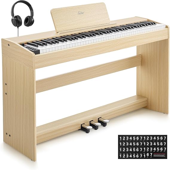 Eastar EUP-110 Digital Piano 88 Key Weighted Keyboard, Full Size Home Piano Keyboard Gifts for Beginners Teens, with Headphone, Music Stickers, Screen, 3-Pedal, Wireless Recording, Light Wood