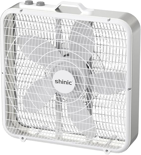 shinic 20" Box Fan with Thermostat, Powerful Airflow | 3-Speed, Metal Frame, Carry Handle & Non-Slip Feet, Auto Temperature Control, Cooling Fan for Garage, Home Office, Basement
