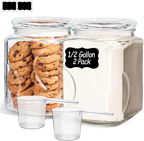 ComSaf Half Gallon Square Glass Pantry Jars with Lids 2 Pack Wide Mouth