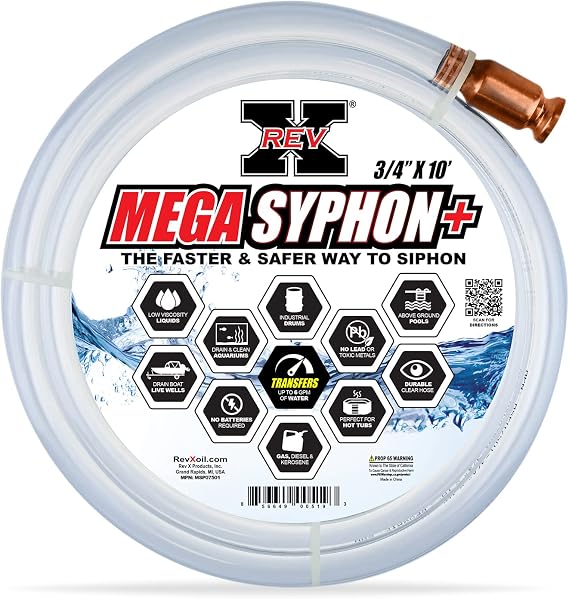 REV-X Mega Syphon - 3/4" x 10 Foot Long Self Priming Safe Siphon Hose for Water, Gas, Fuel, Diesel