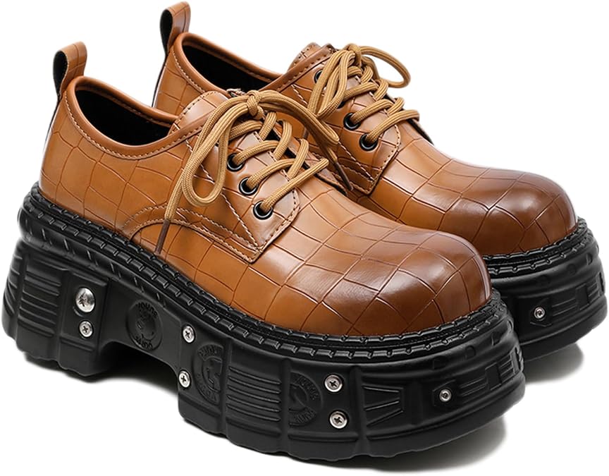 Men's Fashion Chunk Platform Oxfords with Rivet Retro Leather Print Round Big Toed Comfortable Lace up Non Slip Chunky Increase Height Punk Style Derby Dress Shoes for Casual Streetwear