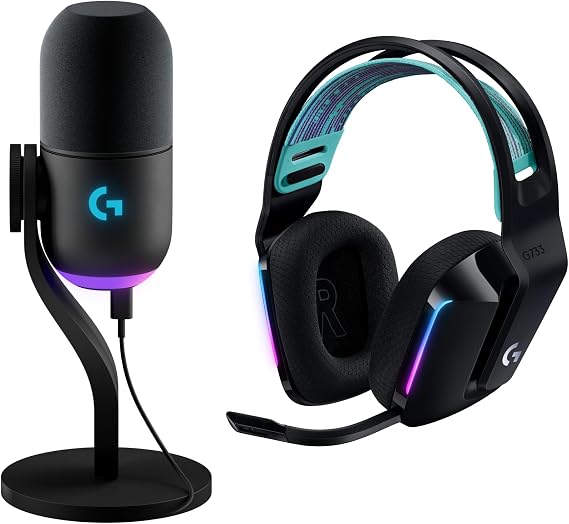 Logitech G G733 Lightspeed Wireless Gaming Headset and Yeti GX Dynamic RGB Gaming Microphone, Lightweight Wireless Headset and Streaming Mic Kit, G HUB control, USB Plug and Play – PC/Mac, Black