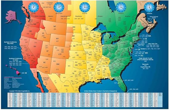 ImageAbility North America Laminated Gloss Time Zone Area Code Map with Reverse Lookup, Desk Size 11 by 17 Inches