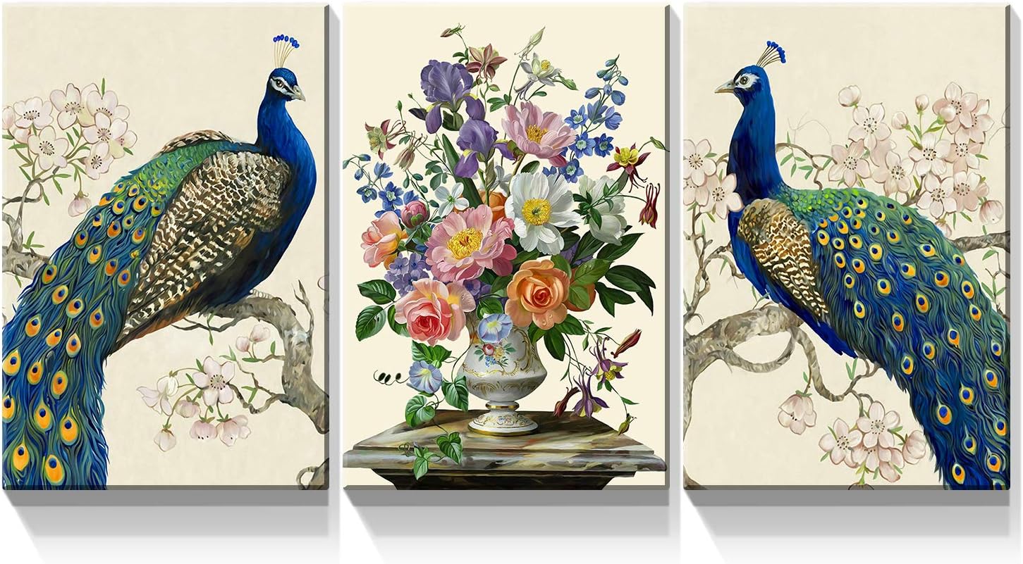 Denozer - 3 Panel Peacock Canvas Wall Art Paintings - Peacock Elegant Flower Pictures On Canvas Animal Wall Decor for Living Room Home Decor Stretched and Framed Ready to Hang - 12"x16"x3 Panels