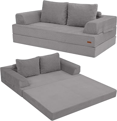 COMAX Futon Sofa Bed, Convertible Folding Sofa Bed, Boneless Couch Loveseat Corduroy with Pillows, Small Foldable Floor Couch Comfy Lounge Sleeper for Living Room Bedroom, Light Grey