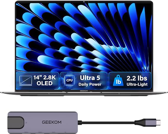 GEEKOM GeekBook X14 Pro Laptop, 2.2 lb Ultra Thin 14" 2.8K OLED Notebook | Ultra 5, 16GB LPDDR5 RAM 512GB SSD, Up to 16 Hours, 2X USB4, Fingerprint, Privacy Shutter, Backlit keyboard, Windows 11, Hub
