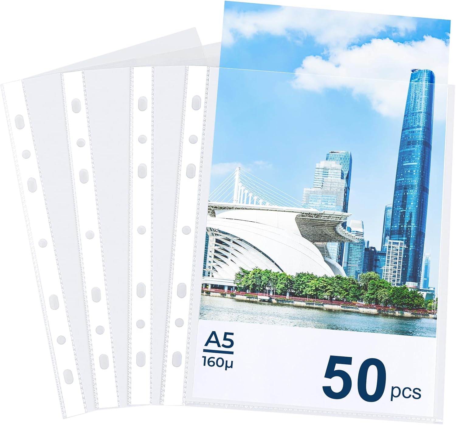 50 Punched Pockets A5, Heavy Duty 160 Micron Crystal Clear Plastic A5 Folders Wallets, 7 Ring Top Opening Poly Pockets, Plastic Sleeves Paper for Lever Arch Files and Ring Binder Folders