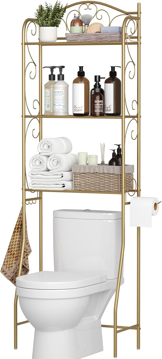 HOME BI Over The Toilet Storage Shelf, 3-Tier Over Toilet Bathroom Organizer Rack, Freestanding Space Saver Toilet Stands with Hooks (Gold)