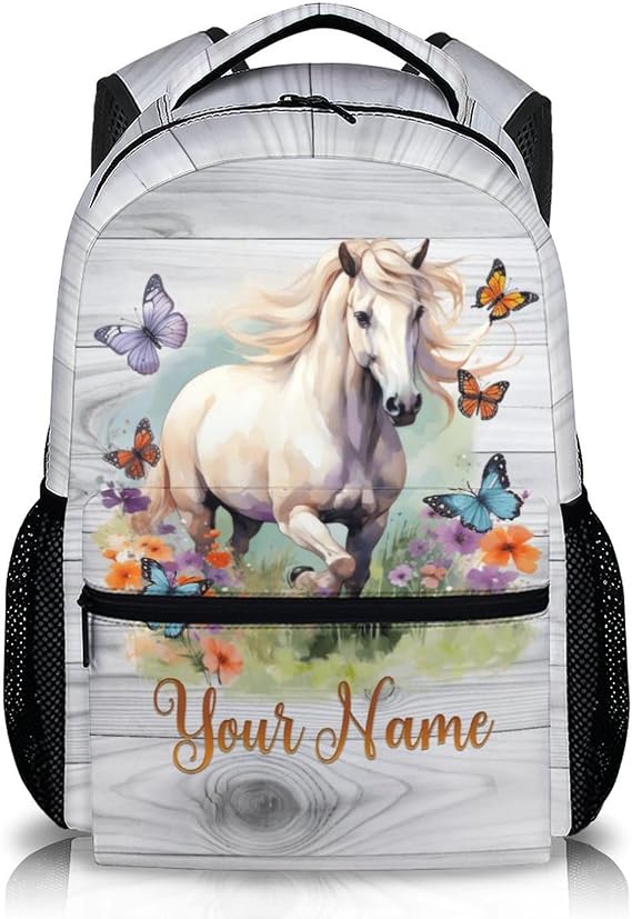Girls Backpack, Custom 17 Inches Horse School Backpacks for Kids Students 8-12, Personalized Name Aesthetic Horse Bookbag for Elementary, Middle, College, Back to School Supplies Gifts