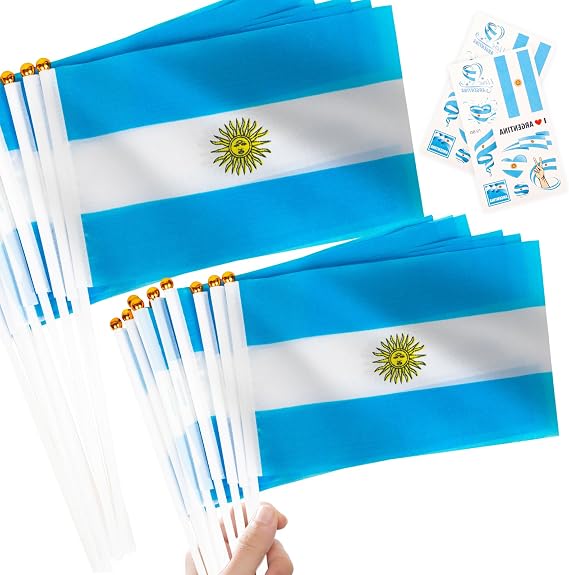 10pcs Mini Argentina Flags on Sticks & 2pcs Tattoos, Small Argentinian Flag Decorations Hand Held Flags for World Cup 2026 Football Sports Events Party Decoration, Double-Sided Argentinian Flag