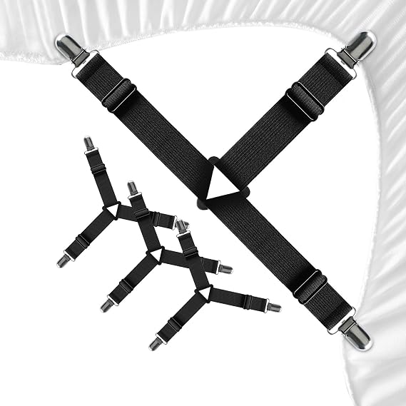 FeelAtHome Adjustable Bed Sheet Clips & Corner Fasteners, 4 Pack, Black