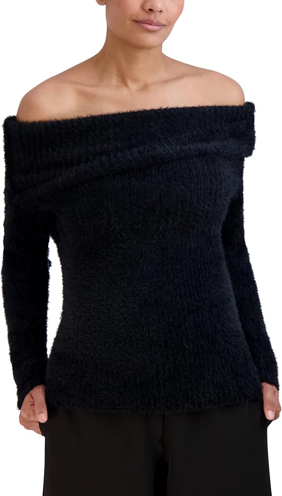 BCBGMAXAZRIA Women's Pullover Sweater Off Shoulder Neck Long Sleeve Fold Over Collar Rip Pullover Sweater Top