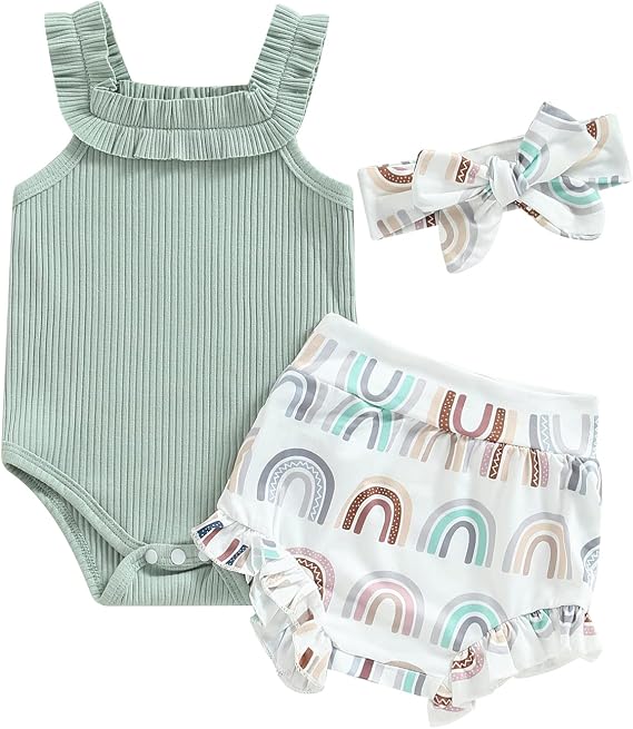 Newborn Baby Girl Summer Clothes Boho Infant Sleeveless Romper Bodysuit Shorts Headband 3Pcs Outfits