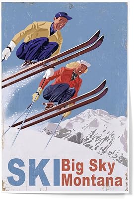 Lantern Press 12x18 Inch Art Print Wall Decor, Big Sky Montana, Vintage Skiers