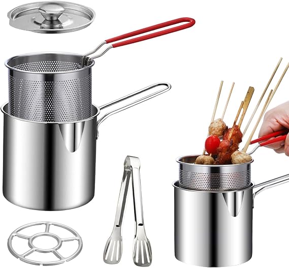 Deep Fryer Pot 304 Stainless Steel Frying Pan with Strainer Basket and Handle Versatile Oil Filter Pot Japanese Tempura Fryer Deep Fryers Frying Pot for Frying Fish(COLOR:Silver)