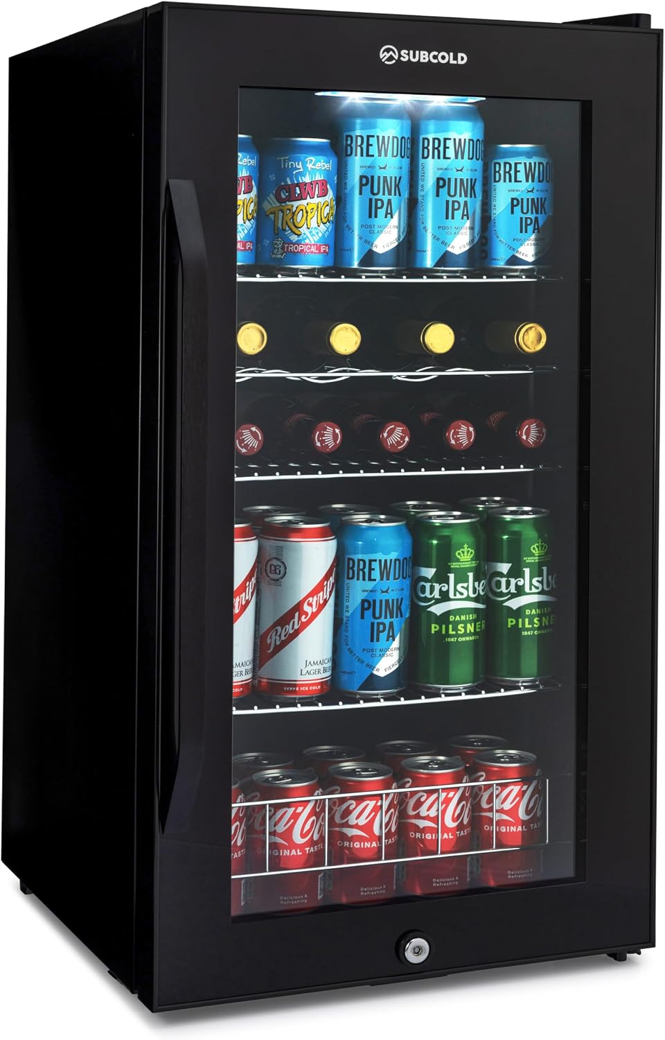 Subcold Ace90 LED Touch Control Beer Fridge With Glass Door | Premium Drinks & Wine Fridge | Black Alu Handle, Auto Defrost, Lockable | 91 Cans | Ideal for Home Bar Undercounter [Energy Class E]