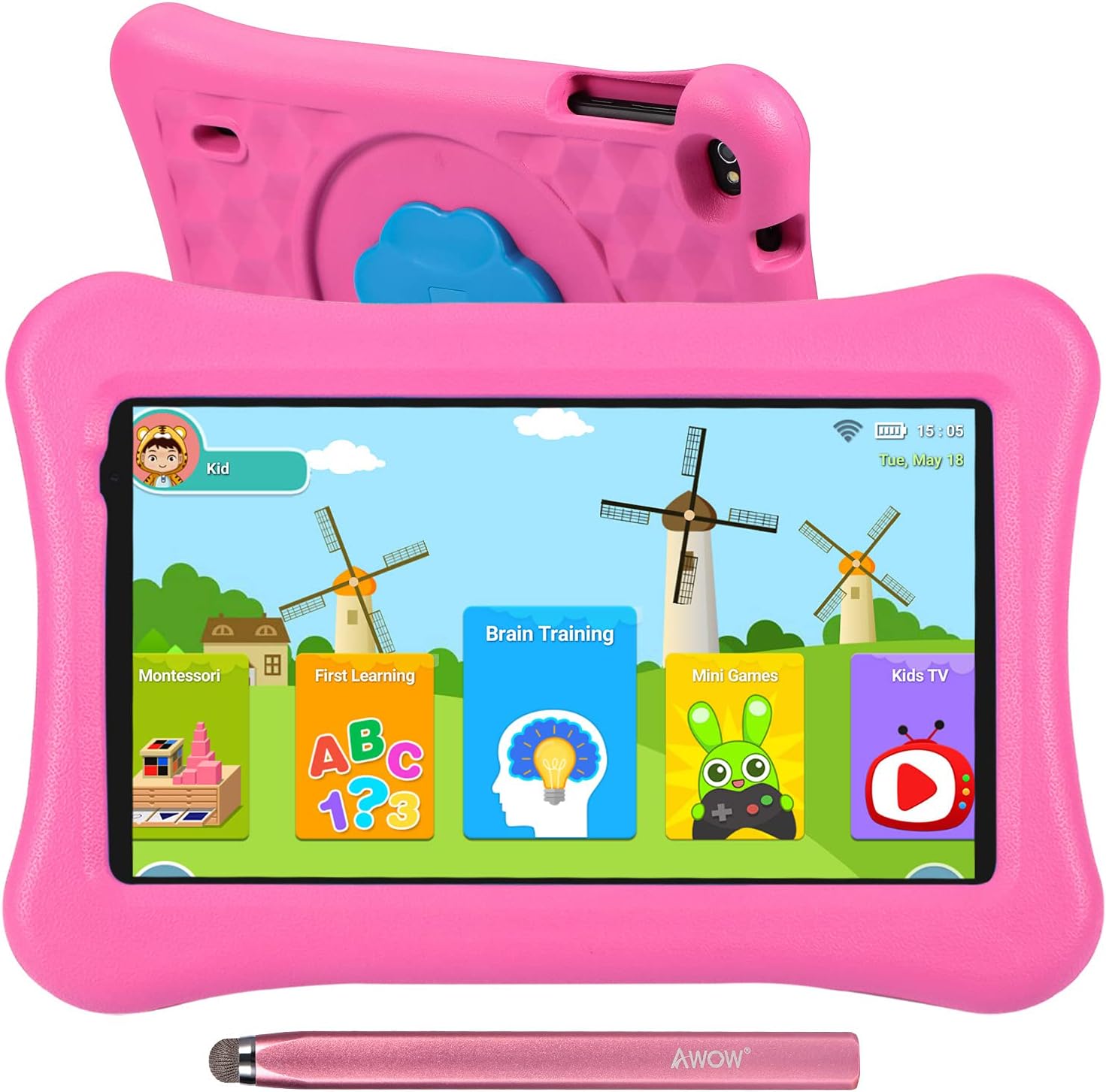 7 inch Kids Tablet iWawa APP Pre-Installed Android 10 Go Tablets for Kids, 2GB RAM 16GB ROM Child Tablet, 360° Adjustable Kid-Proof Case, Parent Control, 2.4G WiFi only, 1024x600 IPS, Active Pen