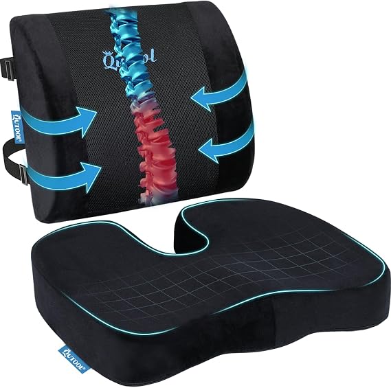 QUTOOL Office Chair Cushion and Lumbar Support Cushion, Back Support for Office Chair, Non-Slip Seat Cushion & Back Pillow for Sitting Breathable Chair Cushion for Gaming, Home & Wheelchair