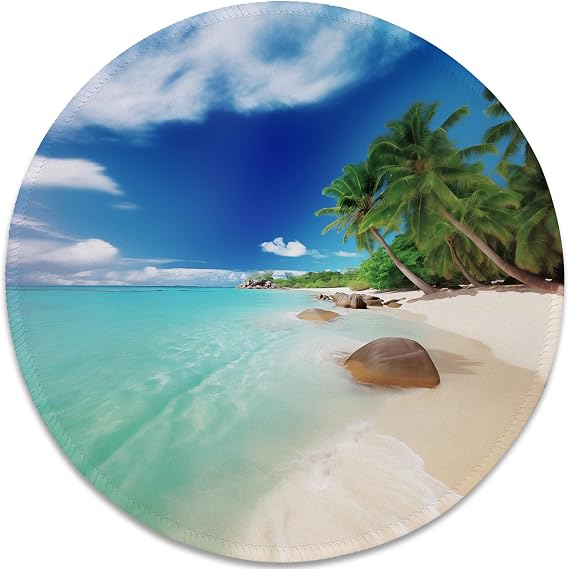 Tropical Paradise Beach Mouse Pad - Relaxing Seaside Scenery, Round Stitched Edges Non-Slip Rubber Base Mouse Pads for Computers Laptop