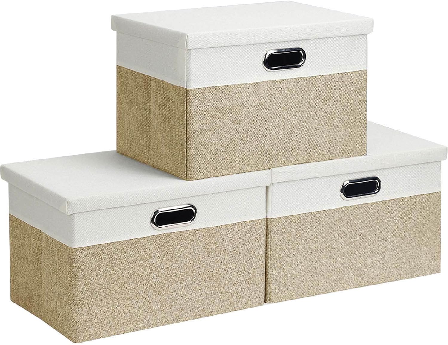 Febzoce Storage Boxes with Lids, Large Storage Baskets for Shelves Foldable Fabric Storage Bins Organizer for Home and Office Light Brown and White 39 x 27 x 25 cm 3 Pack