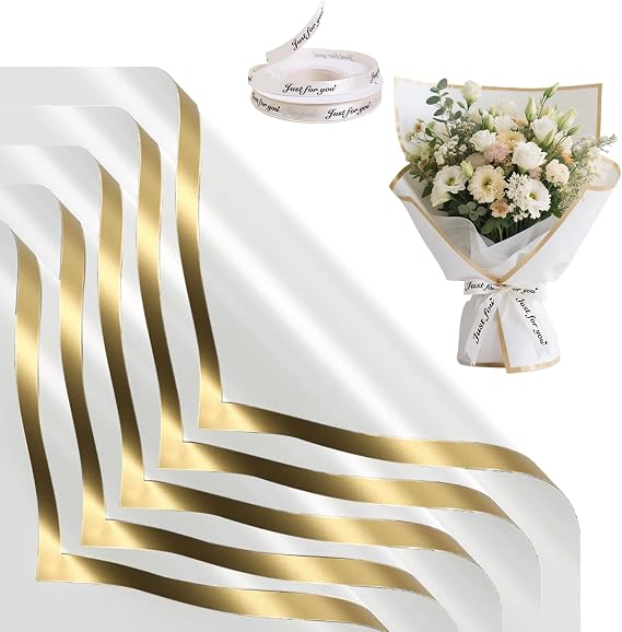 ertlutw Bouquet Wrapping Paper 20 Flower Wrapping Paper Sheets with Ribbon | White Wrap Papers Birthday Waterproof Florist Bouquet Papers Wedding Florist Bouquets Supplies for Gift Packaging,Flowers Art