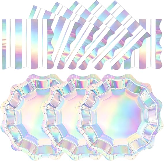 48PCS Iridescent Paper Plates and Napkins Party Decorations, 7inch Scalloped Dessert Plates Disposable Silver Holographic Tableware Set for Mermaid Unicorn Birthday Bridal Wedding Disco Party Supplies
