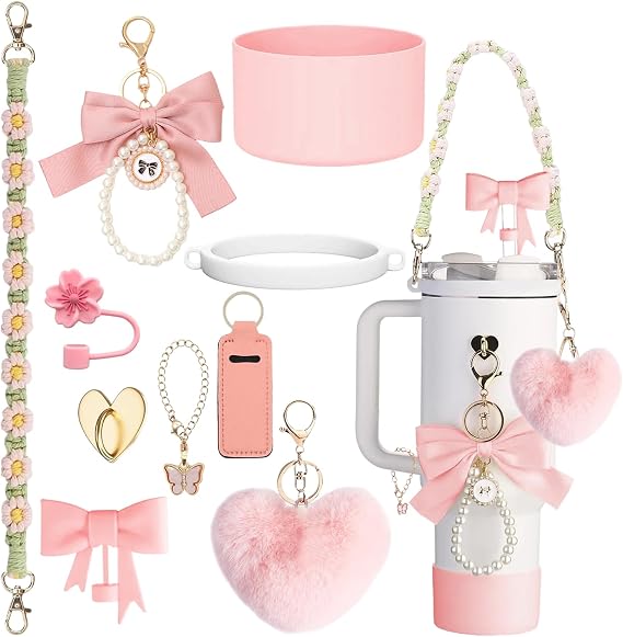 10 PCS Purple Cup Accessories for Stanley Cup Including Handle Strap Bottle Cover Silicone Straw Cover Boot Butterfly Pearl Keychain Lipstick Set Stanley-Charms for Stanley Cup 40 oz/30 oz (Pink)
