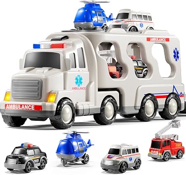 5-IN 1 Play Ambulance Toy Vehicle Toddler Truck Toys for 3 4 5 6 7 Year Old Boys - Friction Powered Cars with Light and Sound, Police Car, Fire Truck, Ambulance Car, birthday gifts for kids